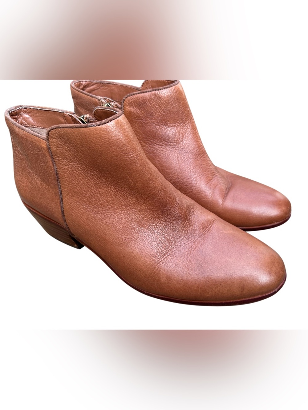 Sam Edelman PETTY Leather Ankle Boots Cognac Brown Western Booties Size 8.5 - Picture 3 of 15